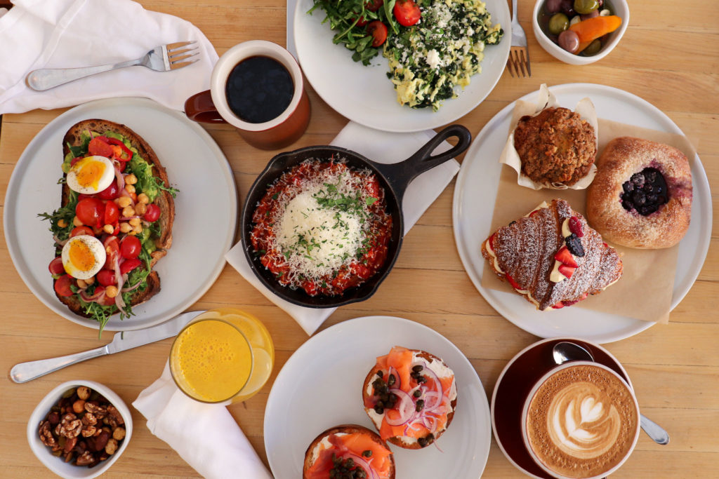 Breakfast spread on table